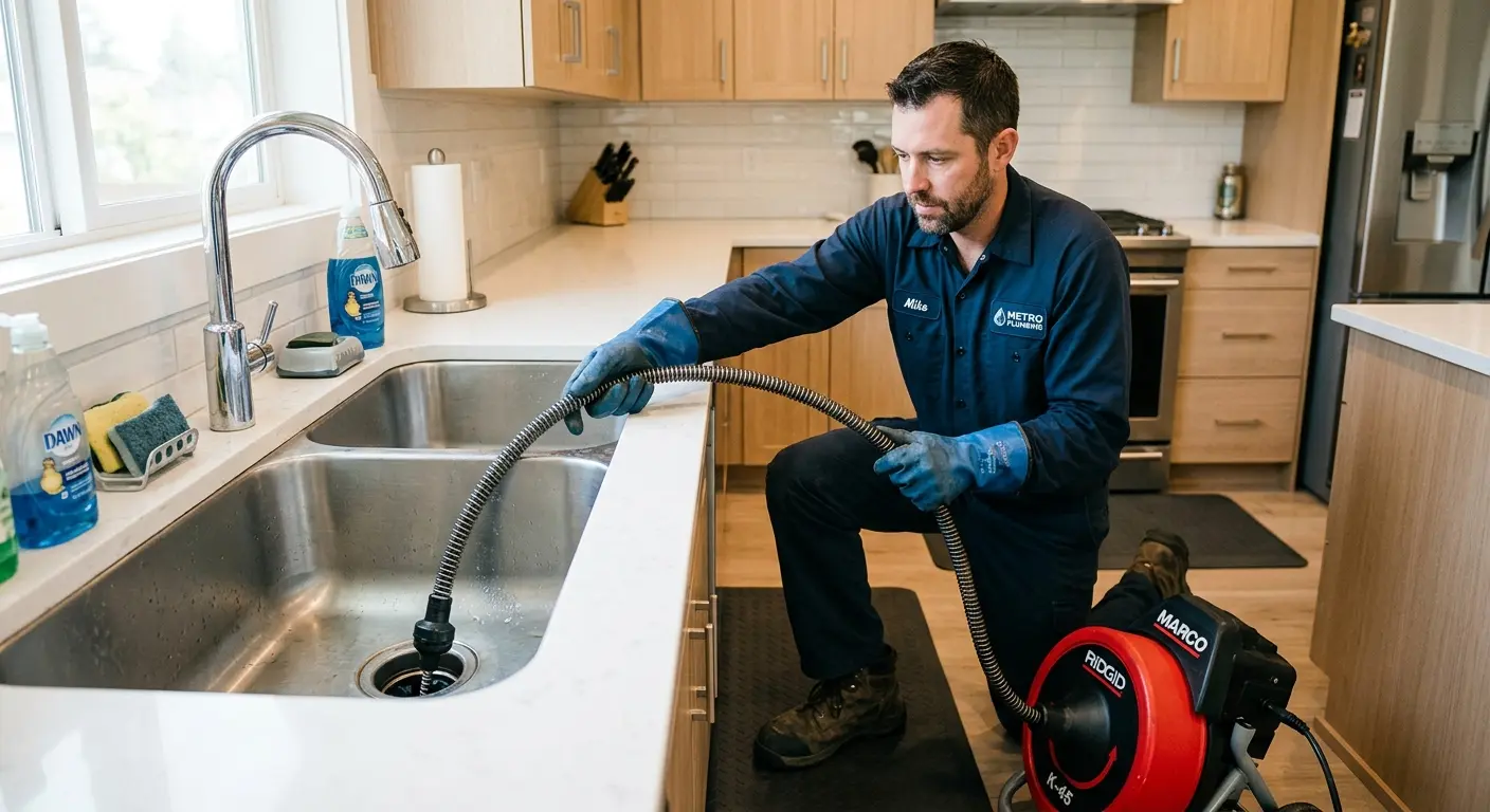 Drain cleaning technician using a motorized snake on a kitchen sink in Buckhall