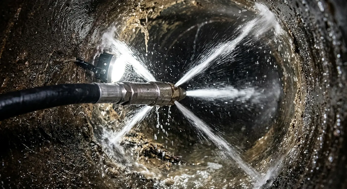 High-pressure hydro jetting nozzle cleaning sewer pipe for Storm Drain Cleaning in Buckhall