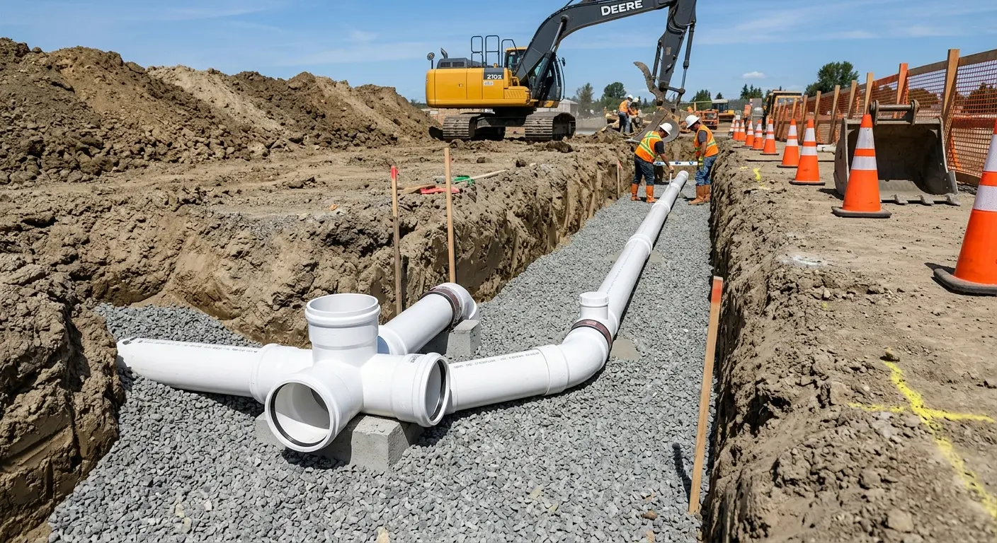 New PVC sewer pipe installation in open trench for Commercial Drain Cleaning in Buckhall