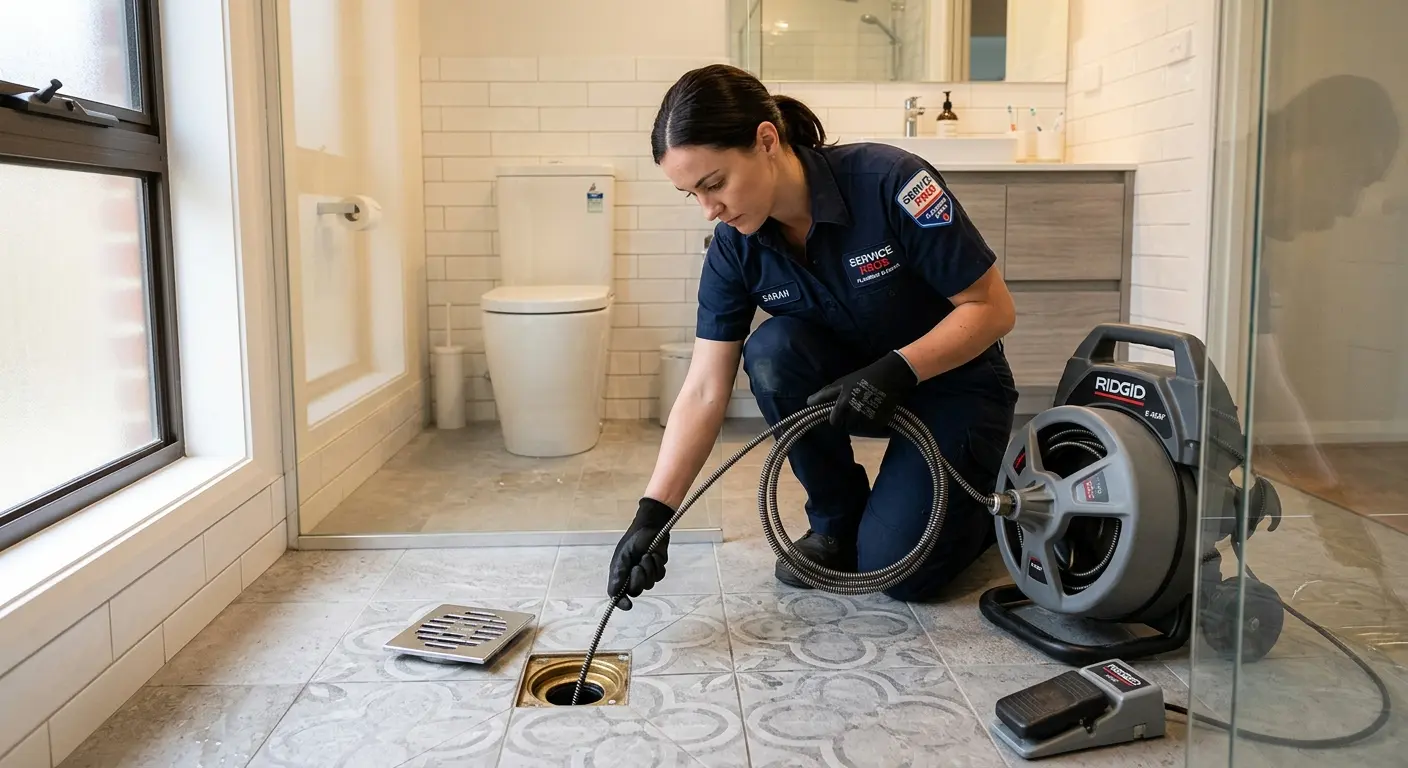 Technician clearing a bathroom floor drain for Sewer Line Installation in Buckhall